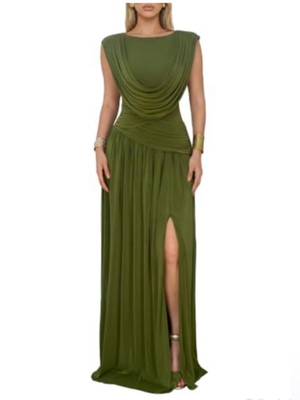 Olive Draped Maxi Dress with Side Slit